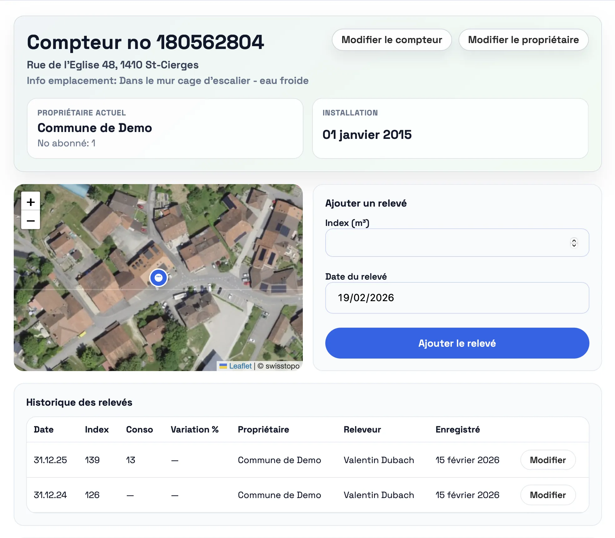 Détail d'un compteur: historique, statut et informations de contrôle