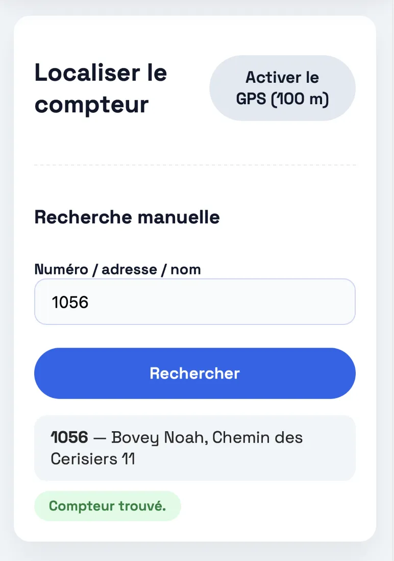 Parcours releveur: carte terrain et liste des compteurs à traiter